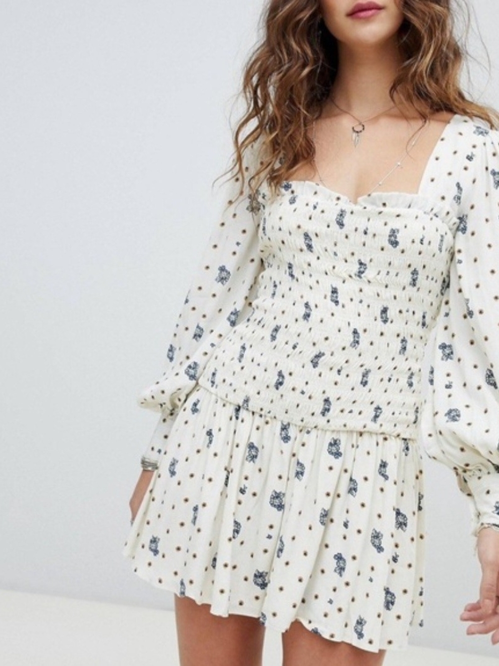 Free People 💎Cream Floral Smocked Tiered Dress